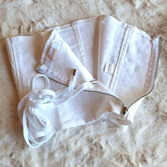 White Denim Corset Crop Top Small Jean Tie Up Back Zip Up - Picture 3 of 4